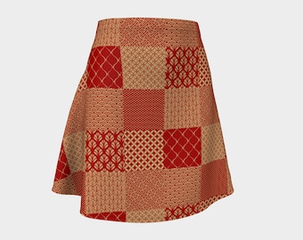 Red Patchwork Flare Skirt