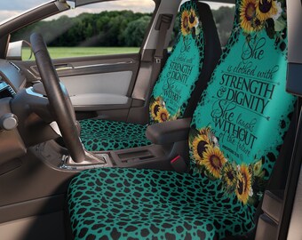 Proverb 31 Car Seat Covers for Woman She is Clothed With Strength And Dignity Christian Sunflower Cow Print Teal Protective Durable