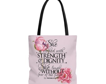 Proverbi 31:25 Rosa Blush Peony Tote Bag Lei è vestita in forza e dignità Lei ride senza paura regali cristiani per le donne di fede