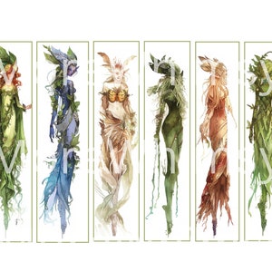 May include: Six watercolour illustrations of female figures with flowing hair and clothing made of leaves and vines. Each figure is a different colour, representing the elements of nature.
