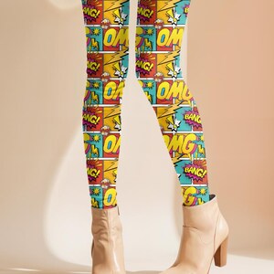 Comic Style Womens Casual Leggings, Fun Fashion Leggings, Colorful Athletic Pants, Gift for Her, Fitness Wear