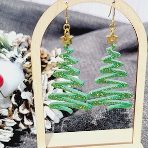 Glitter Christmas Tree Earring with Gold Star, Festive Earrings, Squiggly Christmas Tree, Quirky Holiday Jewelry, Secret Santa Gift