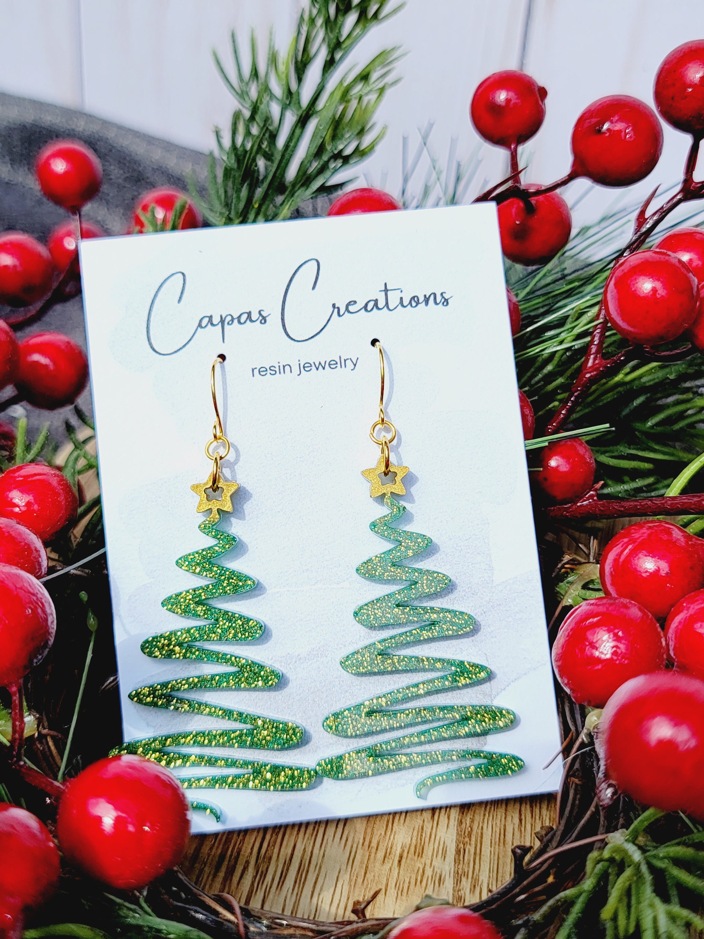 Glitter Christmas Tree Earring with Gold Star, Festive Earrings, Squiggly Christmas Tree, Quirky Holiday Jewelry, Secret Santa Gift