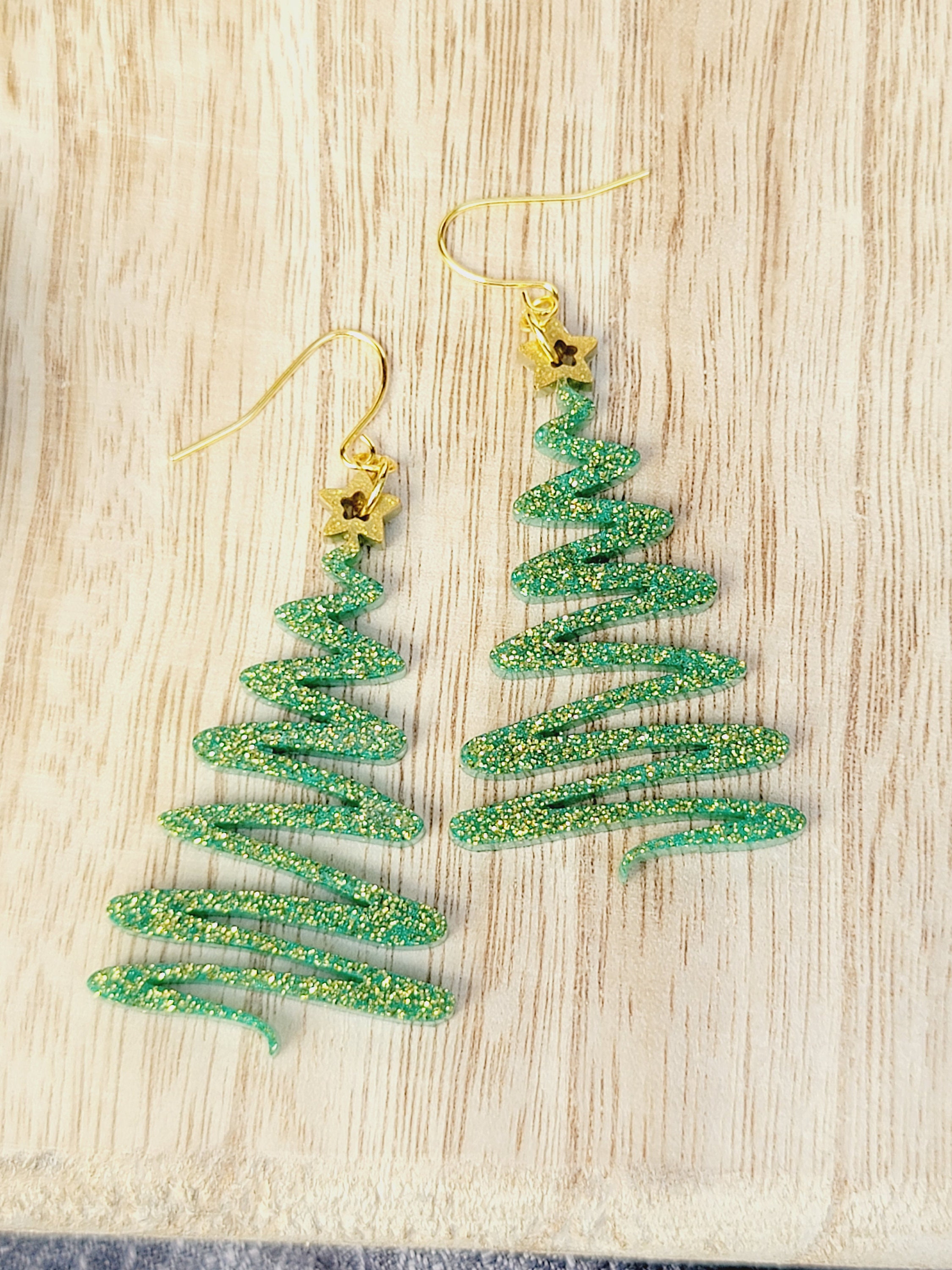Glitter Christmas Tree Earring with Gold Star, Festive Earrings, Squiggly Christmas Tree, Quirky Holiday Jewelry, Secret Santa Gift