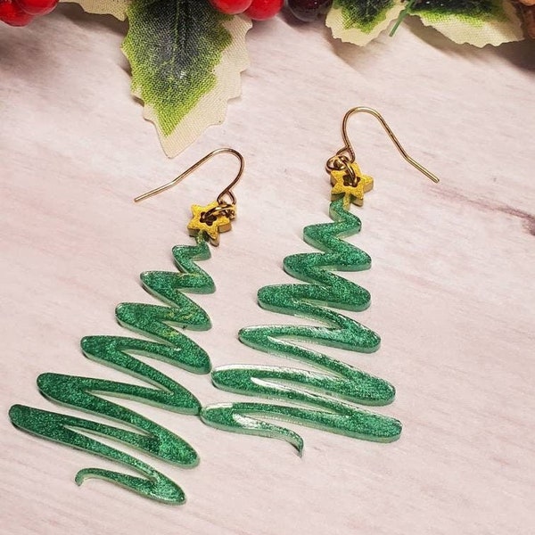 Christmas Tree Earring with Gold Star, Festive Earrings, Squiggly Christmas Tree, Quirky Holiday Jewelry, Secret Santa Gift