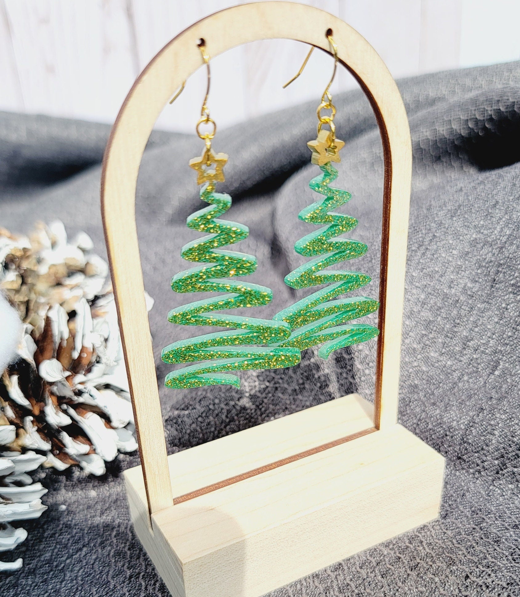 Glitter Christmas Tree Earring with Gold Star, Festive Earrings, Squiggly Christmas Tree, Quirky Holiday Jewelry, Secret Santa Gift