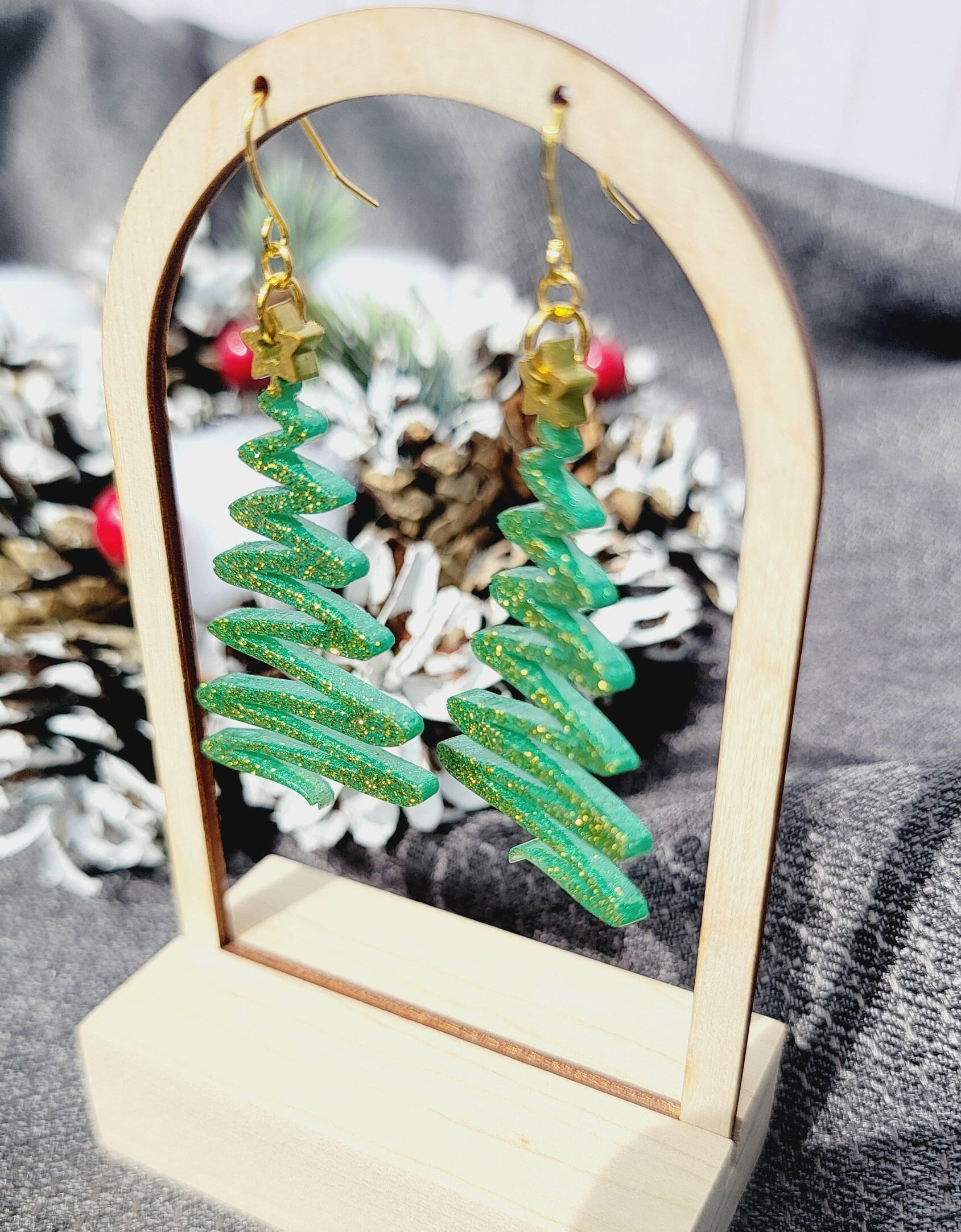 Glitter Christmas Tree Earring with Gold Star, Festive Earrings, Squiggly Christmas Tree, Quirky Holiday Jewelry, Secret Santa Gift