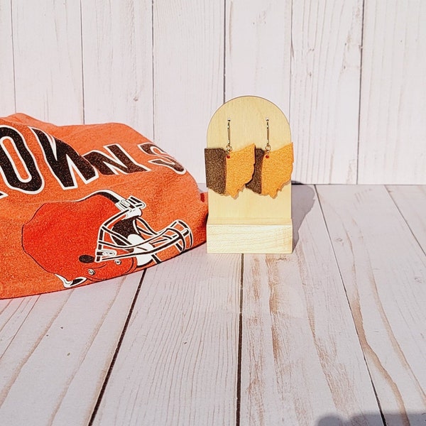 Cleveland Browns Earring, Brown and Orange Ohio Dangle Earring, Dawg Pound Accessory, Large Ohio Jewelry, Gifts under 20, Cleveland Gift