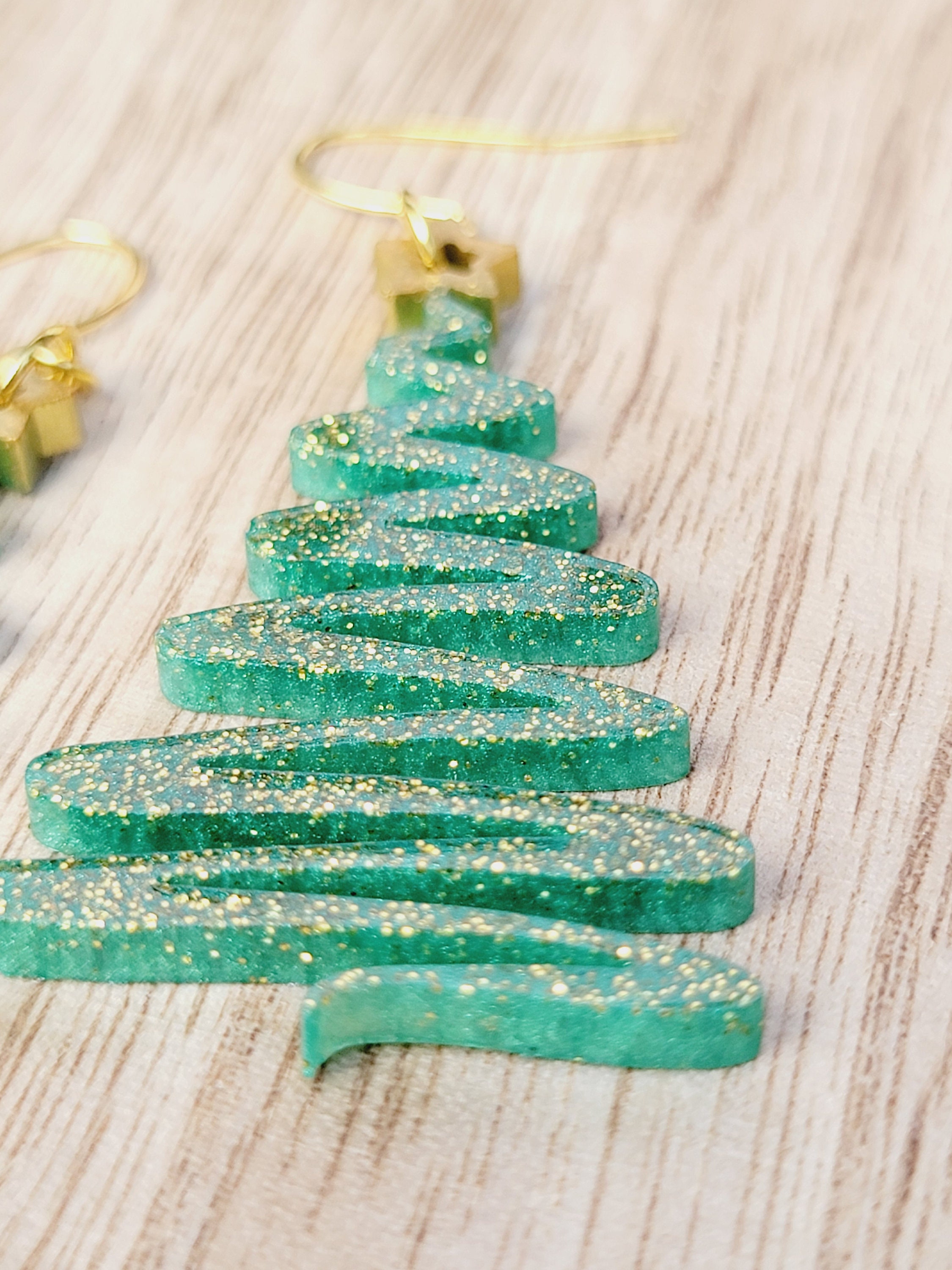 Glitter Christmas Tree Earring with Gold Star, Festive Earrings, Squiggly Christmas Tree, Quirky Holiday Jewelry, Secret Santa Gift