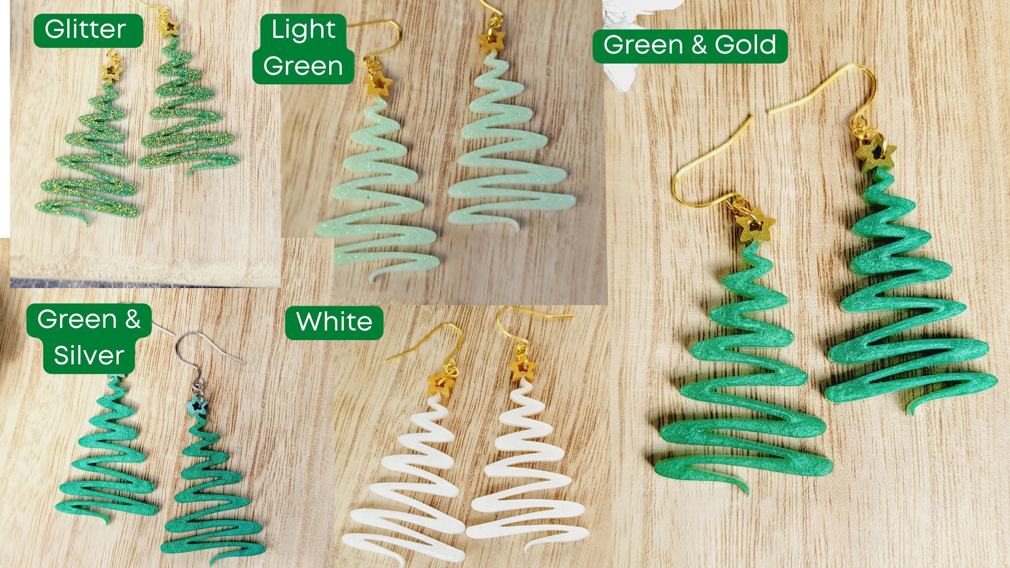 Glitter Christmas Tree Earring with Gold Star, Festive Earrings, Squiggly Christmas Tree, Quirky Holiday Jewelry, Secret Santa Gift