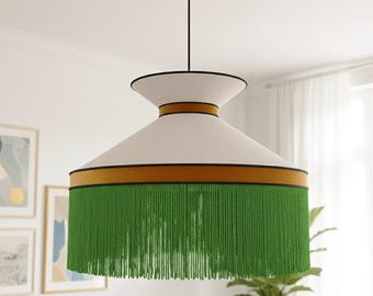 Statement Green Fringed Pendant Chandelier: Modern Boho - Mid-Century Style.