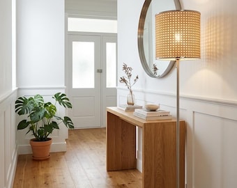 Mid-Century Modern Floor Lamp with Viennese Braid Shade – Chrome & Rattan Style Standing Light.