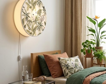 Jungle Animal Nursery Wall Lamp - Sloth & Lemur Tropical Plug-In Sconce - Botanical Fabric Wall Light.