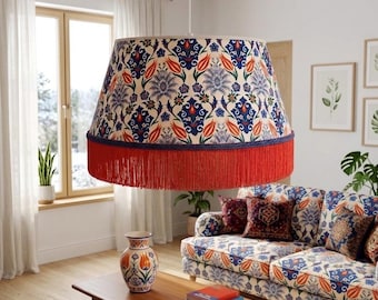 Arabic Floral Pendant Light, Red Fringe Boho Drum Lampshade, 18 Moroccan Hanging Lamp