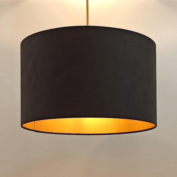BLACK LEATHER GOLD, Handmade pendant Lampshade , Made to Order Lampshade, Minimalistic Light Pendant/Floor Lamp, Gold Lining,by Abajur