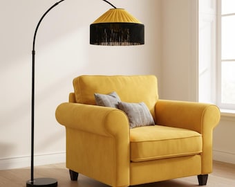 Arc Floor Lamp Tiffany Color Fantasy with black fringes.