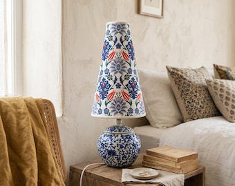 Handmade Ceramic Table Lamp – Blue White Chinoiserie Base, Arabic Tulip Shade