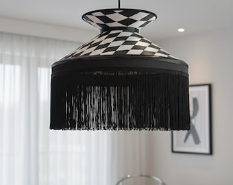 Harlequin Check Fringe Pendant Light - Statement Fringed Pendant Chandelier: Modern Boho - Mid-Century Style.
