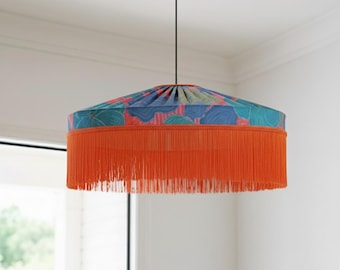 Handmade Silk Lampshade, Tangerine Tango Fringes, Floral Pendant Light