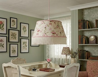 Shabby Chic Floral Pendant Light – Pink Rose Bouquet Lampshade, 3-Light Nursery Fixture