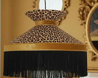 Luxury Leopard Velvet Fringe Chandelier | Gold Accent Statement Lamp Shade | Maximalist Handmade Lighting