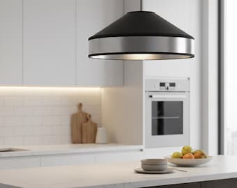 Modern Industrial Pendant Light Shade – Black Leatherette & Brushed Chrome PVC – Sleek Conical Design