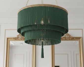 Luxurious Handmade Fringe Pendant Lamp – Treetop Green & Gold, XL, D-80cm.