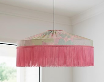 Luxurious Handmade Silk Lampshade, Floral Tiffany Style with Pink Fringes