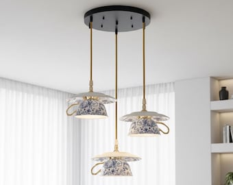 Handmade Trio Teacup Chandelier - Vintage Bone China Pendant Light.