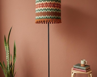 Hand-stitched Aztec Floor Lamp | Tassel Trim Lampshade, Tribal Design, Black Base