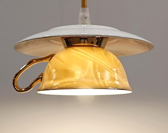 Bone China Tea Cup Pendant Light: Marble Pattern, Gold Finish