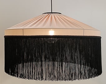 TIFFANY Dust Silky Washed, with black fringes, Handmade Lamp shade, Pendant Light  by Abajur.