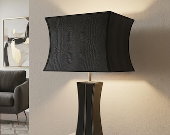 Modern Black Leather Table Lamp – Crocodile Embossed Shade, Designer Lighting