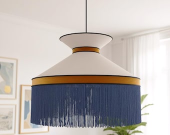Statement Navy Blue Fringed Pendant Chandelier: Modern Boho - Mid-Century Style.