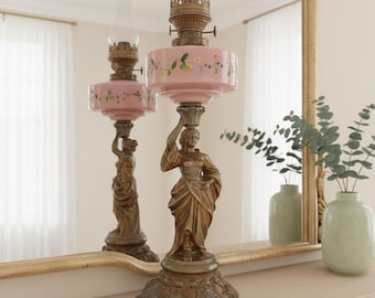 Antique French Art Nouveau Oil Lamp: Hand-Painted Porcelain, Spelter Lady Statue