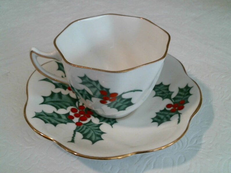 Flat Tea Cup and Saucer Rosina Holly and Berries