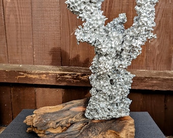 Metallic Abstract art sculpture mounted on bogwood 4.3kg a unique & bespoke one of a kind design created by liquid Aluminium anthill style.