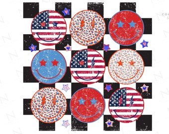 Retro Checkered Star Flag Smiley Face Png, America Sublimation, 4th July Png, American Smiley face Png, Retro Smiley Face png, USA png
