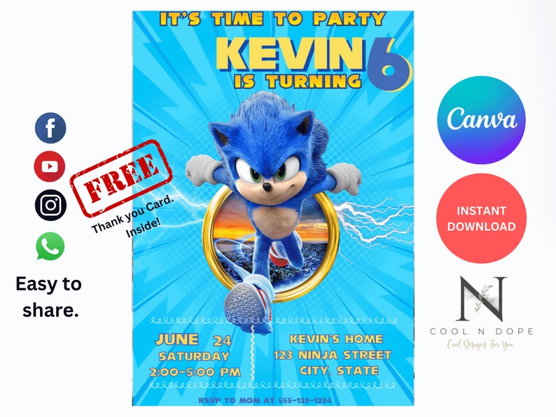 Sonic the Hedgehog Birthday Invitation Kids Online Invitation Card