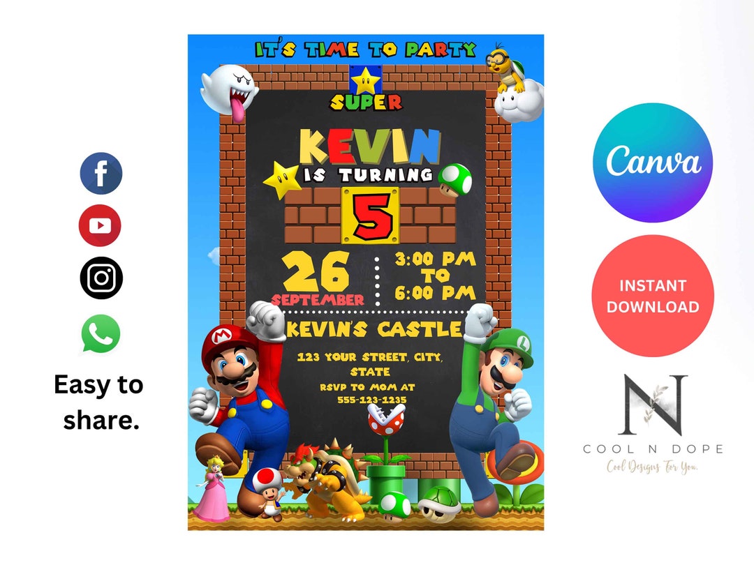 Super Mario Birthday Invitation, Digital Card Printable Invite, Mario ...