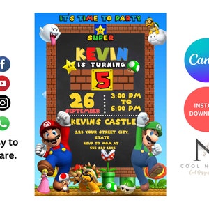 Super Mario Bros Digital Birthday Invitation | Super Mario Brothers | Editable Printable Mario Birthday Template | Canva Digital Printed