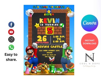 Invitación de Mario / Super Mario Brothers / Descarga digital / Editable en Canva Descarga imprimible / Invitación para niños de cumpleaños de videojuegos