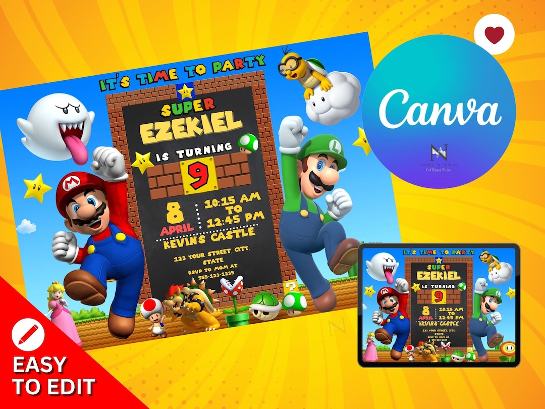 Super Mario Bros Digital Birthday Invitation Super Mario Brothers Editable Printable Mario ...
