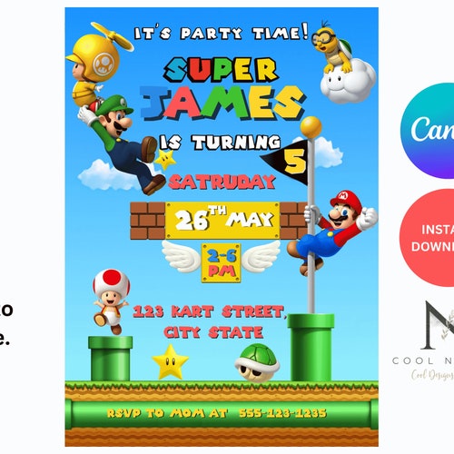 Super Mario Bros Digital Birthday Invitation Super Mario Etsy