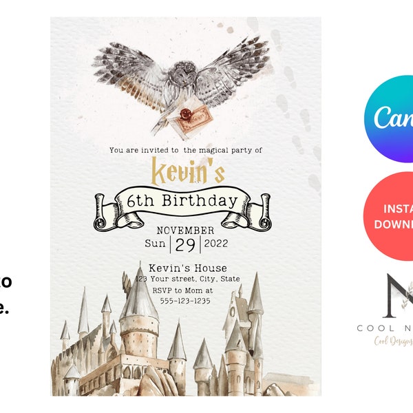 Editable Wizard Birthday Invitation Template, Printable Magical Birthday Party Invitations, Witch Digital Kids Party Invite, Boys & Girls