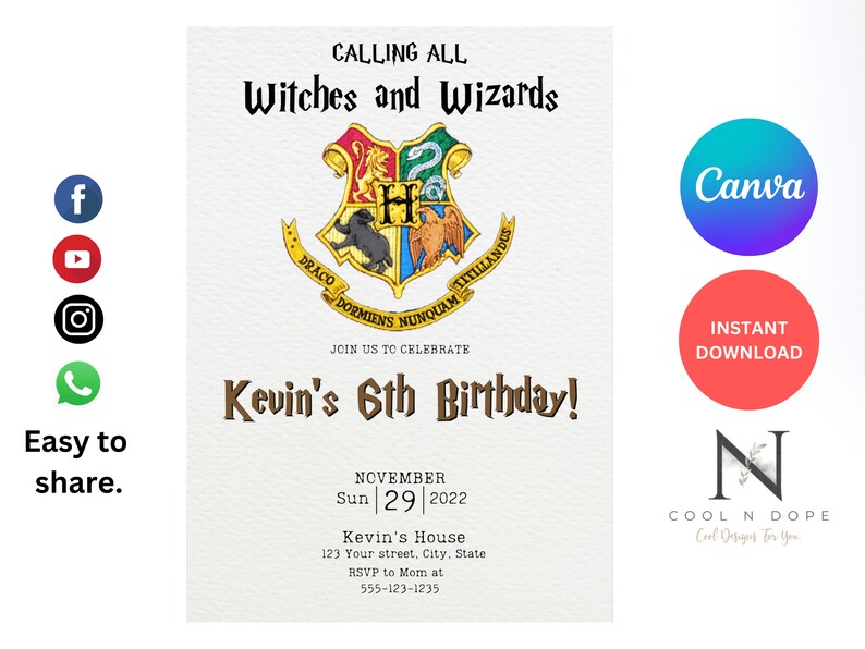 Editable Wizard Birthday Invitation Template Printable Magical Birthday Party Invitations Hogwarts Digital Kids Party Invite