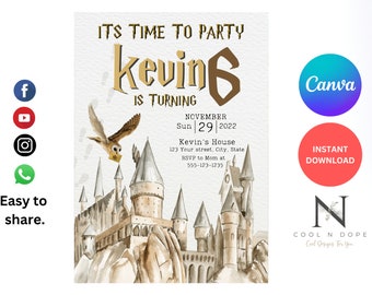 Editable Wizard Birthday Invitation Wizard invite Magic Invitation Magic School Birthday Party Magician Owl Magical PRINTABLE Canva Template