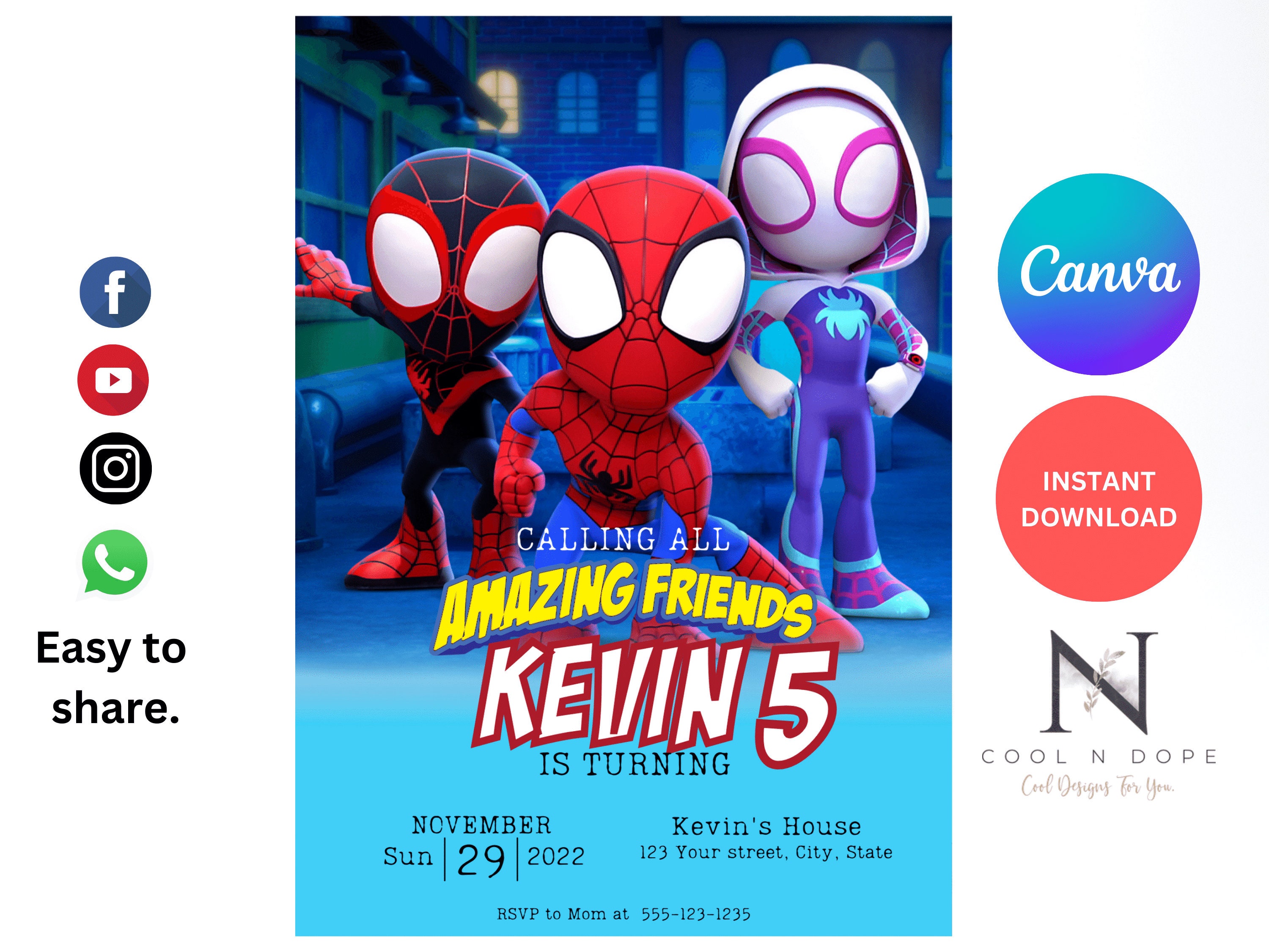 Spiderman Spidey and His Amazing Friends Birthday Invitation Digital  Download 