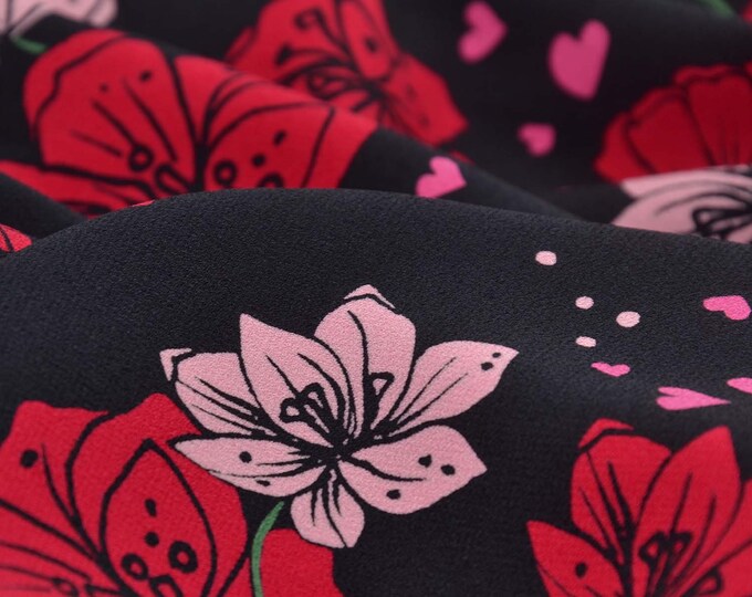 Blouse fabric in black with red, pink flowers, pink hearts - 145 cm wide - smooth, patterned fabric