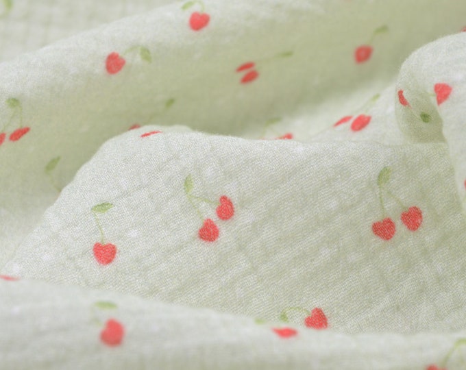 Muslin children's cherries, green and red cherries by Hilco - 140 cm wide - matte patterned fabric